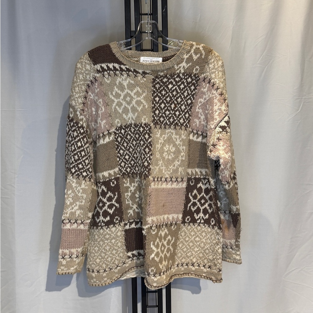 Jones New York Men's Crewneck‎ Sweater - Brown and Cream Patchwork